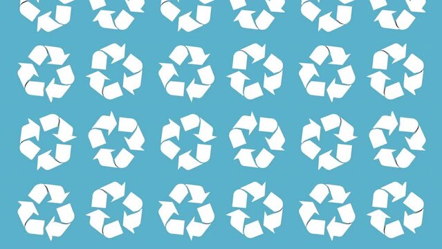 White ecology recycling logo spinning in the light blue background. Bright ecology logo sign floating in the azure background. Ecology logo flying upwards in the virtual background. Environment.