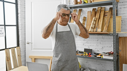 A middle-aged man wearing glasses adjusts safety equipment in a woodworking workshop.