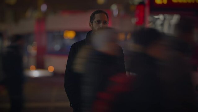 Portrait of Thoughtful Man Thinking Worried Looking at People Commuting