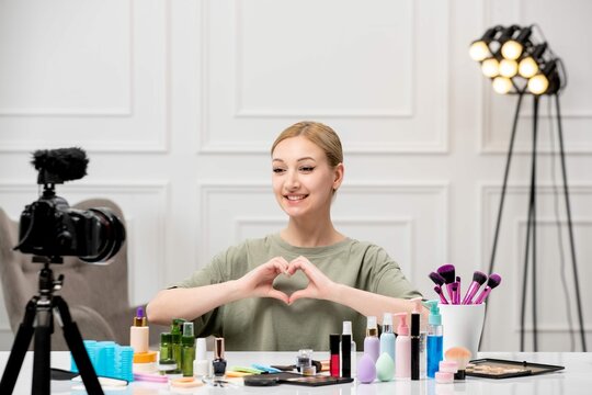 Makeup Blogger Young Cute Pretty Girl Recording Makeup Tutorial Camera Sending Love