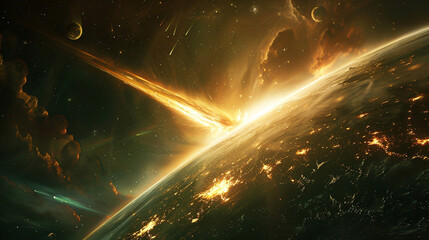 A comet streaks past Earth, signaling a world break; humanity bets on a new beginning amidst cosmic beauty