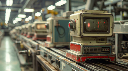 An ironic scene of a vintage production line reproducing futuristic gadgets, blending past and future in a single frame