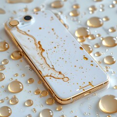 White and gold smartphone amidst luxurious golden droplets. high-end mobile accessory. elegant and modern design. perfect for chic backgrounds. AI