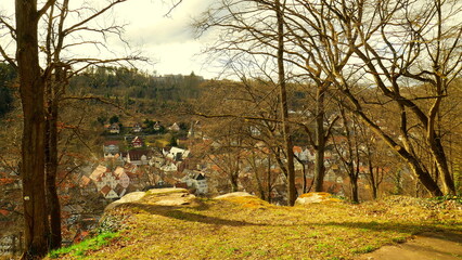 Blick vom Aussichtspunkt hoher Fels auf Stadt Calw  mit Bäumen, Wald und Wiese im Frühling