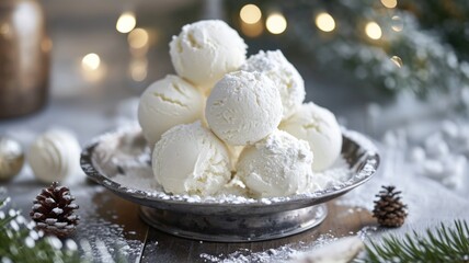 Fototapeta na wymiar Vanilla Ice Cream Scoops in Elegant Bowl with Nut Toppings