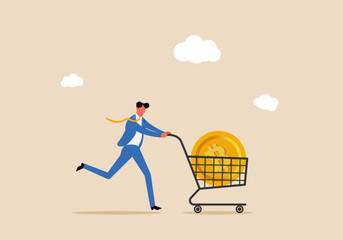 Businessman buying Bitcoin on sales and running away. Smart and wise investment, buying or purchasing crypto currency Bitcoin with shopping cart