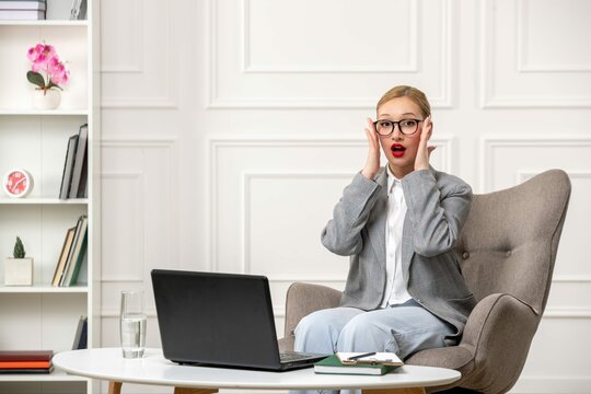 Psychologist Providing Online Sessions Cute Blonde Young Professional Woman Shocked