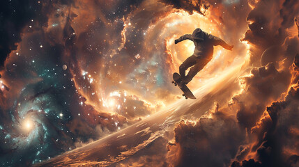 A skateboarder glides on a chocolate ramp flipping through a swirling galaxy backdrop stars twinkling like sprinkles