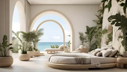 Fotobehang Ultra realistic  photo of Modern take on upscale bali inspired small condo white cream stone, light wood round arches interor view of  bedroom withtropical foliage © Muhammad