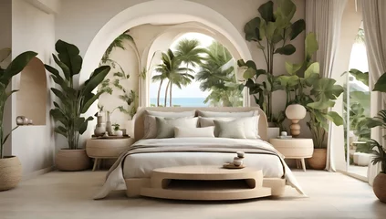 Foto auf Alu-Dibond Ultra realistic  photo of Modern take on upscale bali inspired small condo white cream stone, light wood round arches interor view of  bedroom withtropical foliage © Muhammad