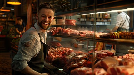 Friendly butcher smiling at camera in a well-stocked meat shop. traditional business, artisanal service. fresh produce and customer care. AI