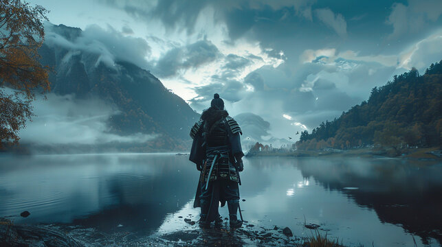 A samurai stands at the edge of a serene fjord his armor reflecting the cool hues of the water as a hologram of ancient lore flickers to life illuminating the twilight
