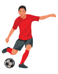 Chinese teenage boy in a red sports uniform playing football and going to kick the ball with his foot