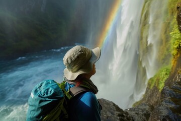 Person with backpack admires waterfall with rainbow in natural landscape