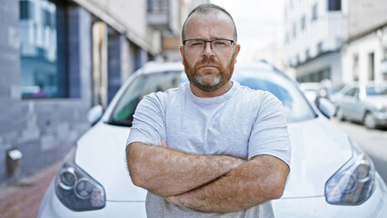 Caucasian man standing by car with arms crossed gesture and serious face at street