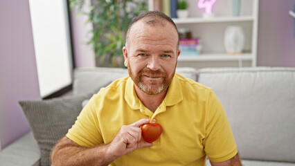 Naklejka premium Charming middle-aged caucasian man, radiating joy and positivity, holding love in his chest, perched comfortably on his cozy sofa, beaming a heartfelt smile at home