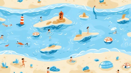Illustration of a beach and children playing with a background of sea and grasslands and towers.