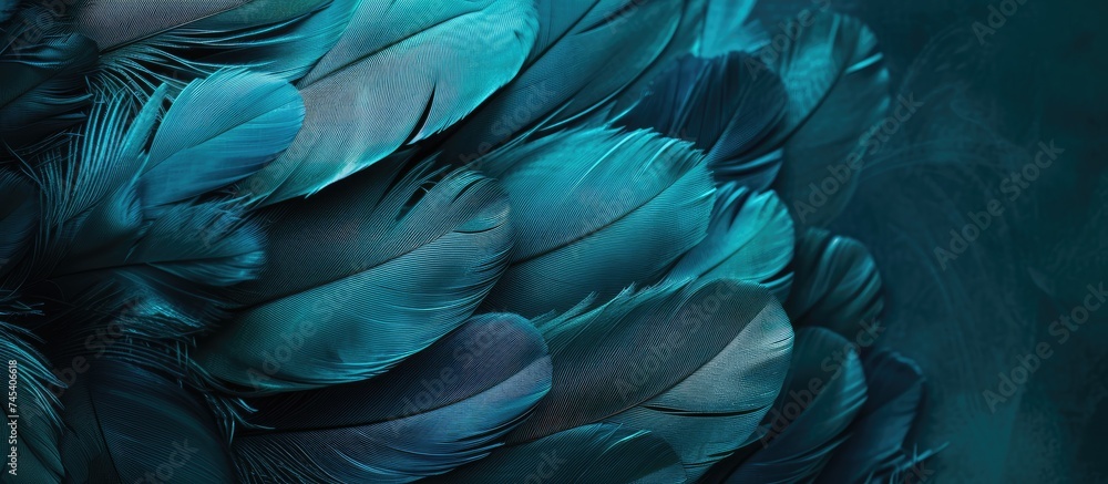 Poster close up view of a bunch of turquoise feathers, showcasing their intricate textures and shades. the 