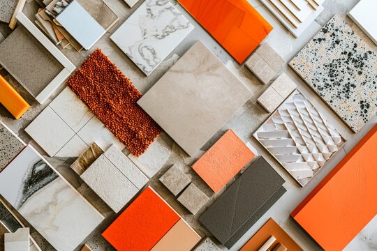 Stylish flat lay composition in orange and beige color palette with textile and paint samples, lamella panels and tiles. Architect and interior designer moodboard. Top view. Copy space