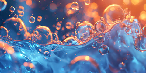 Abstract blue and orange water background. Liquid close-up. Image for packaging design, wallpapers, posters. Banner with copy space. - obrazy, fototapety, plakaty