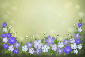 Floral illustration background with border from realistic blue and lilac periwinkle flowers with green leaves and flying butterflies . Spring or summer greeting concept. free copy space