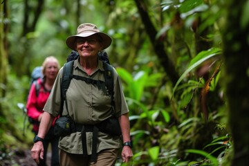 Fototapeta premium Two travelers explore dense forest with lush vegetation, carrying bags