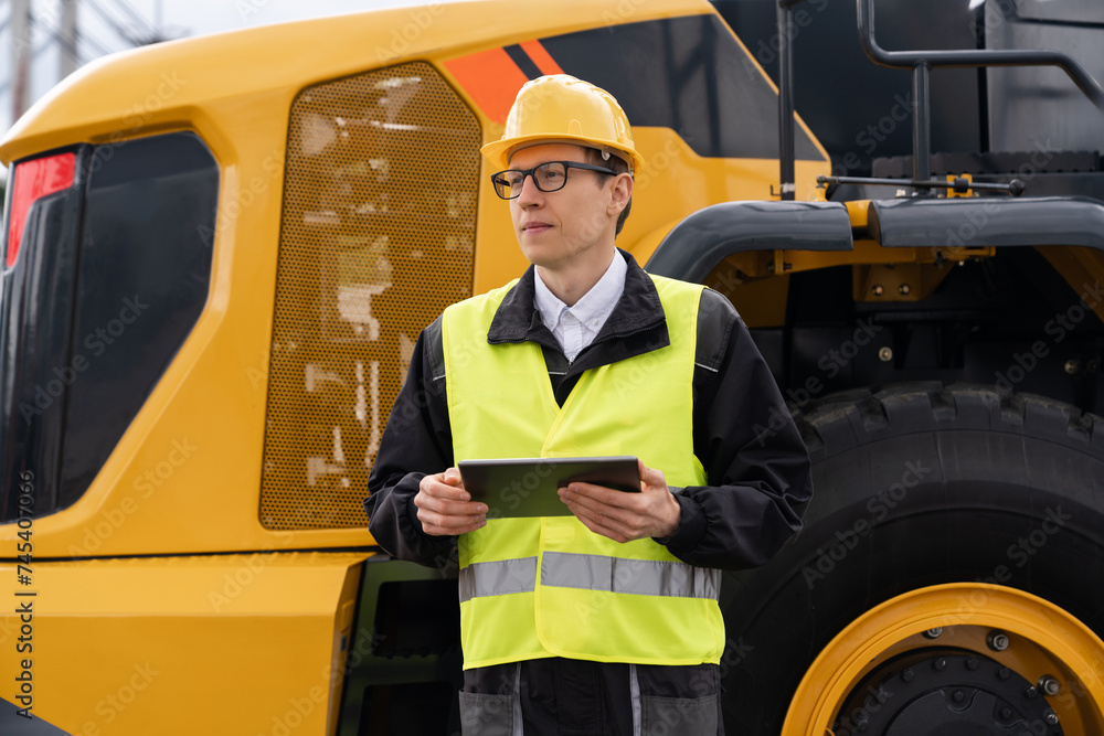 Poster engineer with digital tablet next to road construction machine.