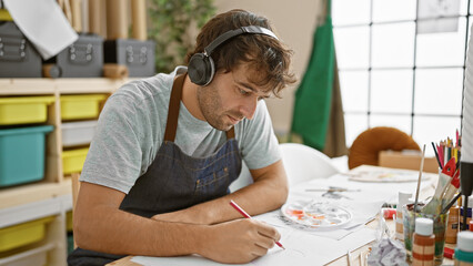 Confident young bearded artist, headphones on, lost in music, passionately drawing in his cozy art studio