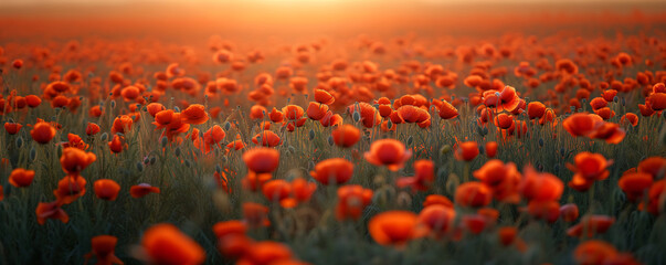 field of bright red poppies under the soft glow of the sunset, a picturesque scene of natural beauty and tranquility