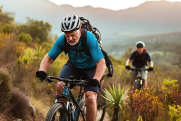 Naklejka premium Two cyclists ride mountain bikes on trail with helmets in nature