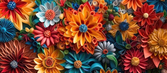 Fototapeta na wymiar A variety of vibrant handmade quilling flowers in different colors are showcased on a wall, creating a mesmerizing and visually appealing display. These intricate flowers add a pop of color and