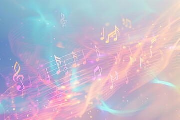 Holographic musical notes floating on a soft pastel background with light flares.