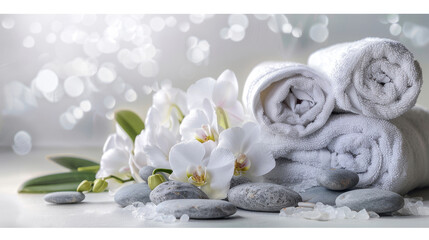 Fototapeta na wymiar Spa Concept with White Orchids, Rolled Towels and Pebbles on Serene Background 