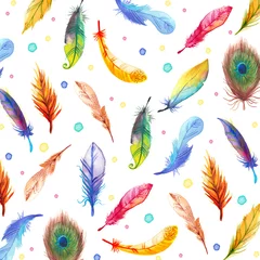 Zelfklevend behang Vlinders Bohemian seamless pattern with watercolor colorful feathers.