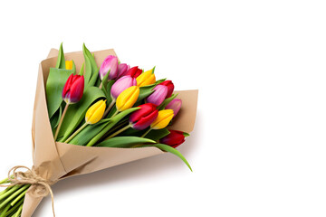 Spring tulip bouquet in pink, red and yellow with eco-friendly packaging on white background - 745407655
