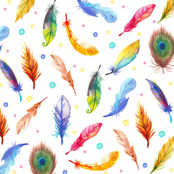 Bohemian seamless pattern with watercolor colorful feathers.