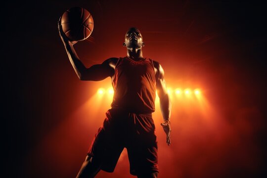 Basketball Player Slam Dunk Silhouette. Capture the dynamic movement of a basketball soaring towards the hoop, against a bright backdrop