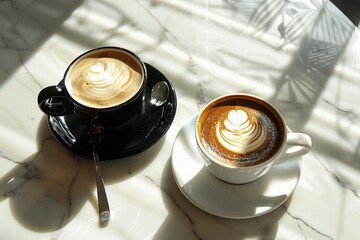 Two coffees including black and latte on white table