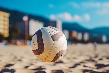 Beach volleyball players. Capture the dynamic movement of a volleyball game played on the beach against a vivid background.