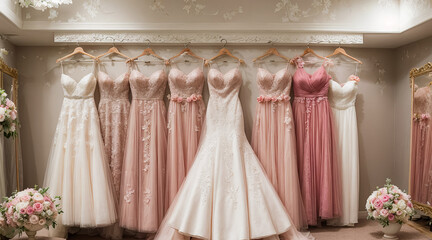Wedding dress shop. Elegant pink wedding dresses on a hanger in the room. Generative AI