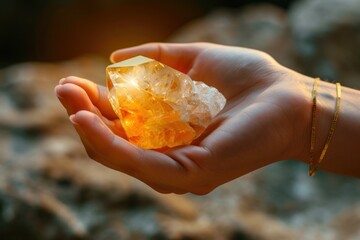 Hand gently cradling a glowing citrine crystal with a soft-focus rocky background.