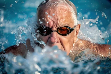 Fotobehang Elderly man enjoying leisure swim in pool with goggles © Anna