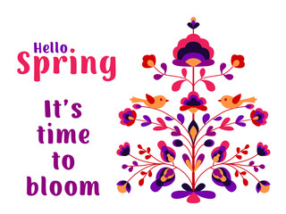 Hello spring design with flowers and birds on tree of life.