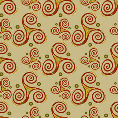 Ethnic triple spiral celtic triskele spiritual sign seamless pattern. Trinity helix