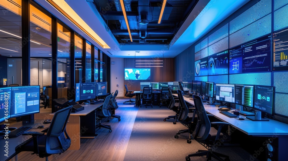 Poster in an office building, a row of computer monitors sits on a desk, creating a symmetrical display. th