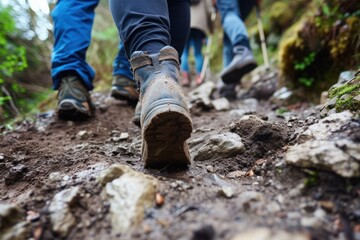 A group of hikers navigating through a rocky trail in the forest