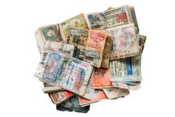 Stacked passports and wallets with travel visas, cut out - stock png.