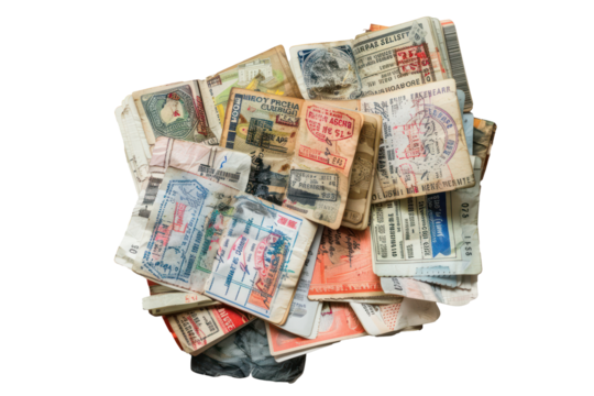 Stacked passports and wallets with travel visas, cut out - stock png.