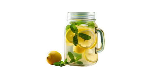 Lemon lemonade with mint in glass jars.