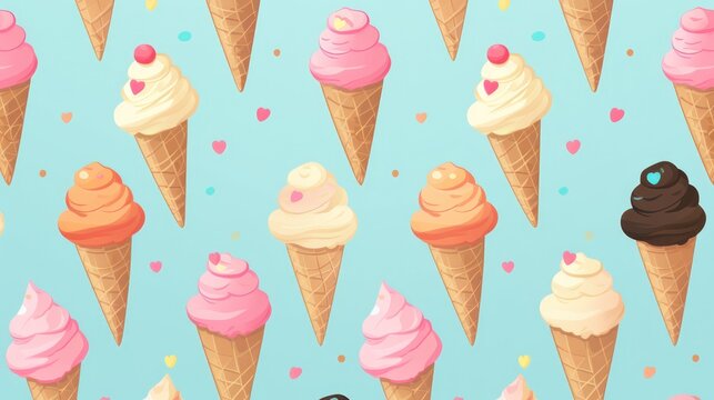Illustrations of ice cream in various colors and flavors, with colored backgrounds and colorful spots